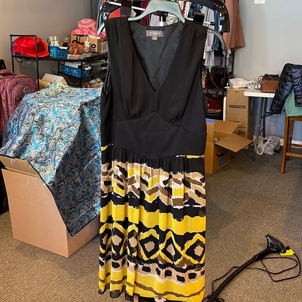 Liz Claiborne Sheath Dress Black with Yellow Accents Sleeveless Midi Size 14